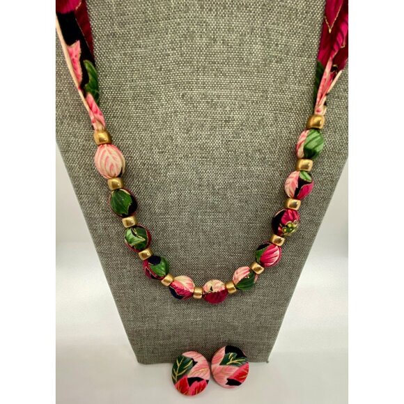 Vintage fabric necklace and matching earrings, beautiful deep royal colours - Picture 1 of 6